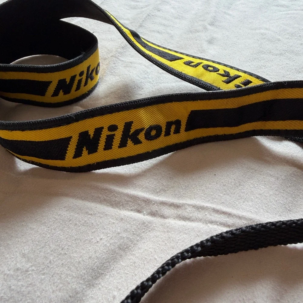 Vintage Nikon Camera Neck Strap Yellow Black Woven Logo Japan Metal Buckles